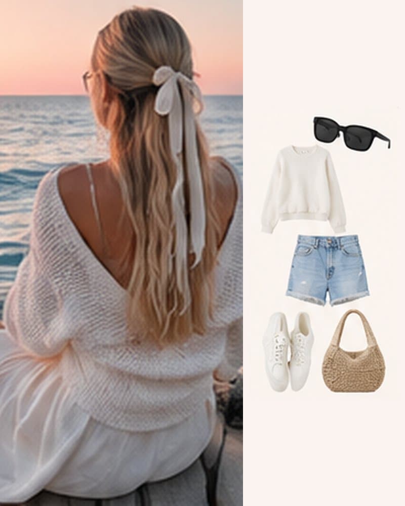 Cream knit sweater outfit with denim shorts, white sneakers and a straw bag.