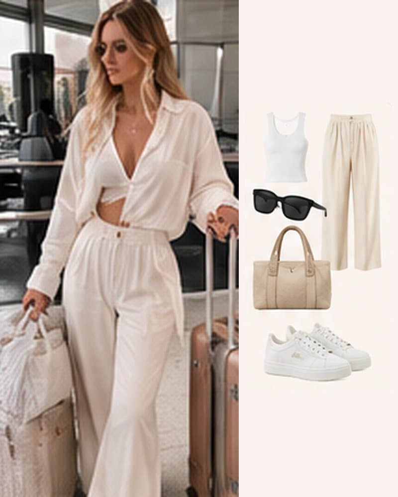 Cream linen travel outfit with sunglasses, a beige tote and white sneakers.
